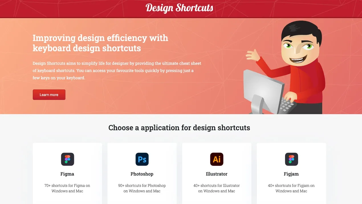 The Design Shortcuts homepage, with shortcut guides for Figma, Photoshop, Illustrator and FigJam