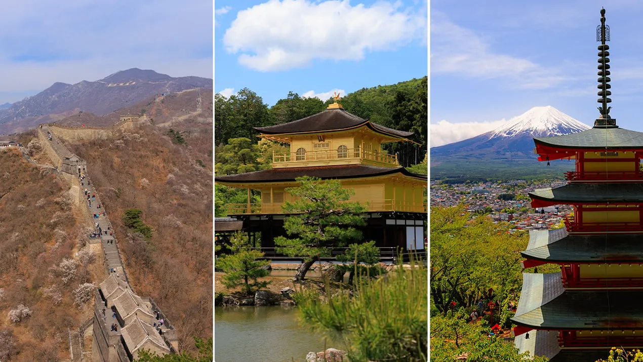 The Great Wall of China, the Golden Pavilion in Kyoto, and Mount Fuji behind the Chureito Pagoda