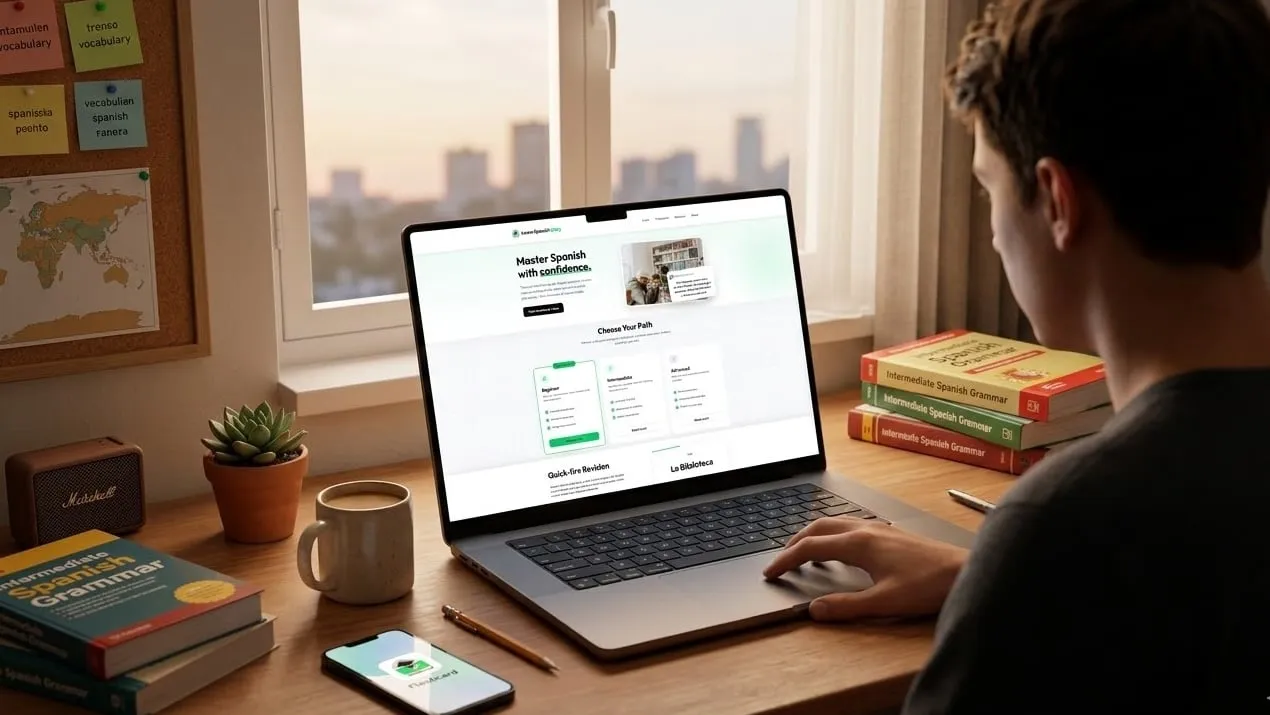 The Learn Spanish Daily homepage open on a laptop beside Spanish grammar books