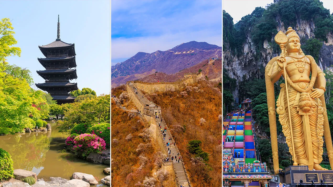 A Japanese pagoda above a garden pond, the Great Wall of China, and the golden statue at Batu Caves